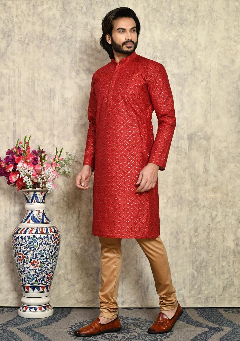 Maroon Solid Silk Kurta Set For Men