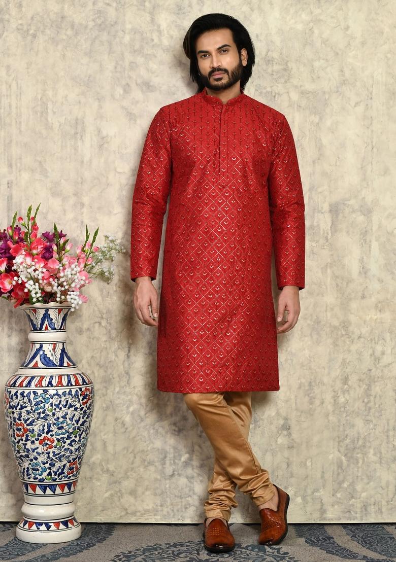 Maroon Solid Silk Kurta Set For Men