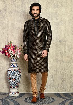 Black Embroidered Silk Kurta Set For Men