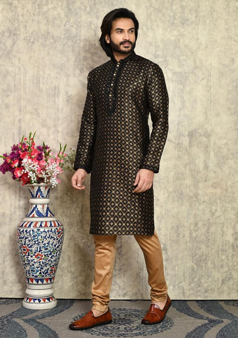 Black Embroidered Silk Kurta Set For Men