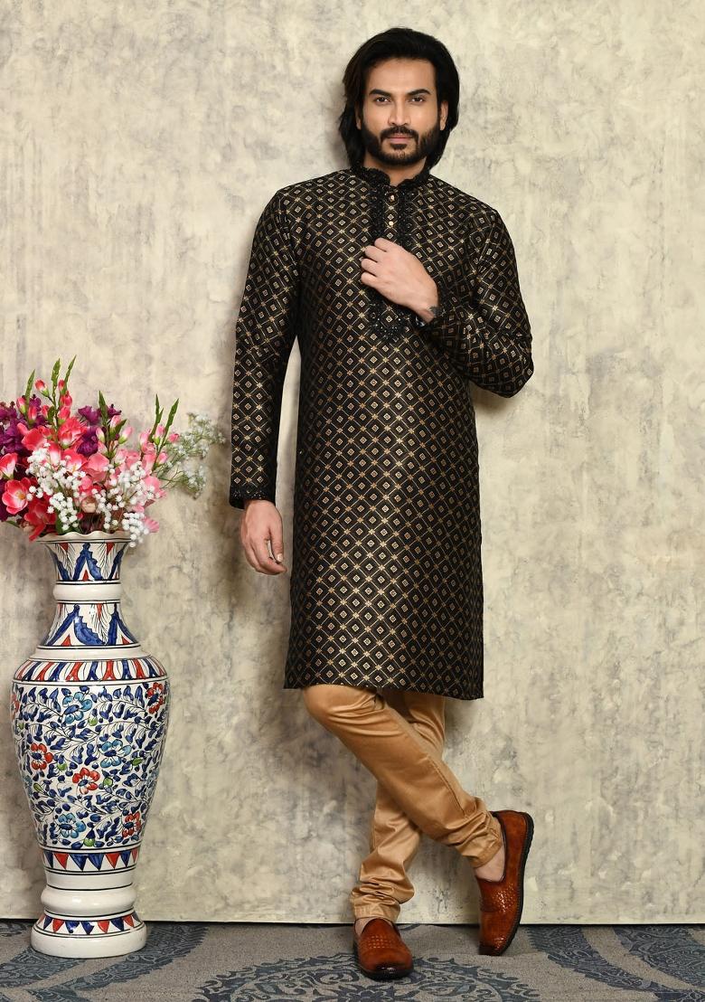 Black Embroidered Silk Kurta Set For Men