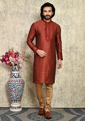 Maroon Embroidered Silk Kurta Set For Men