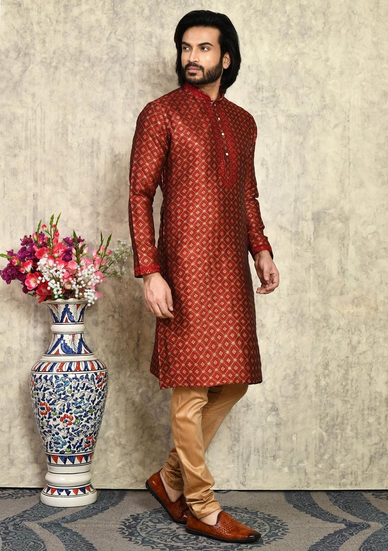 Maroon Embroidered Silk Kurta Set For Men