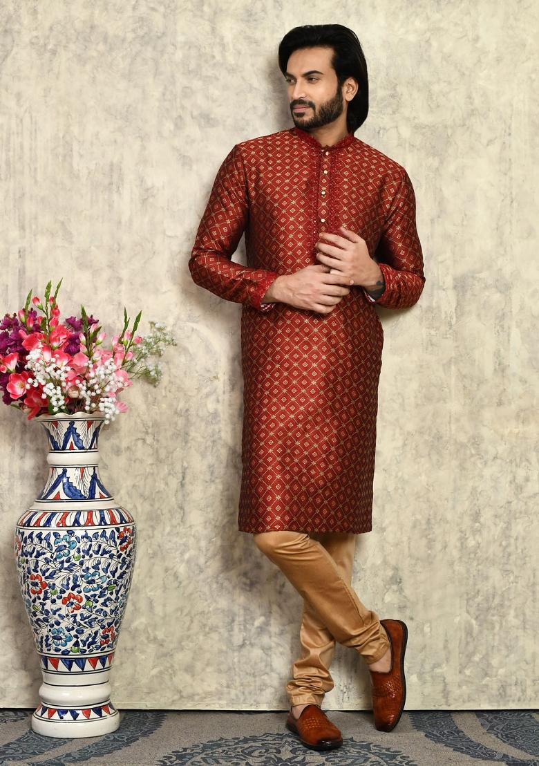 Maroon Embroidered Silk Kurta Set For Men