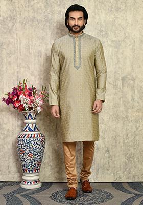 Grey Embroidered Silk Kurta Set For Men