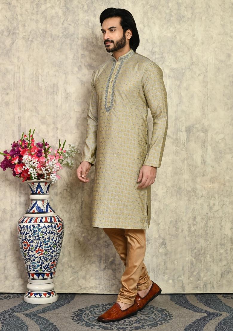 Grey Embroidered Silk Kurta Set For Men