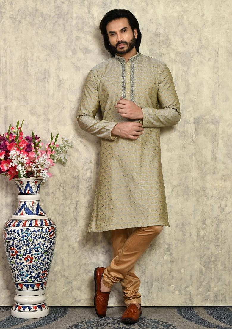 Grey Embroidered Silk Kurta Set For Men