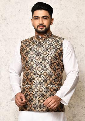 Multi Printed Silk Nehru Jacket For Men