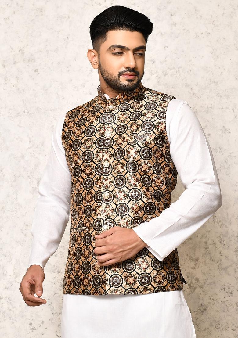 Multi Printed Silk Nehru Jacket For Men