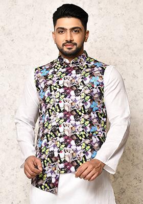 Multi Printed Silk Nehru Jacket For Men