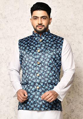 Multi Printed Silk Nehru Jacket For Men