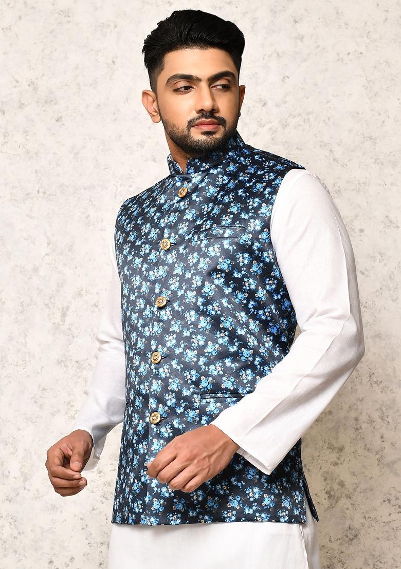 Multi Printed Silk Nehru Jacket For Men