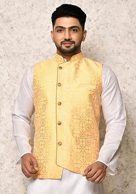Cream Printed Silk Nehru Jacket For Men