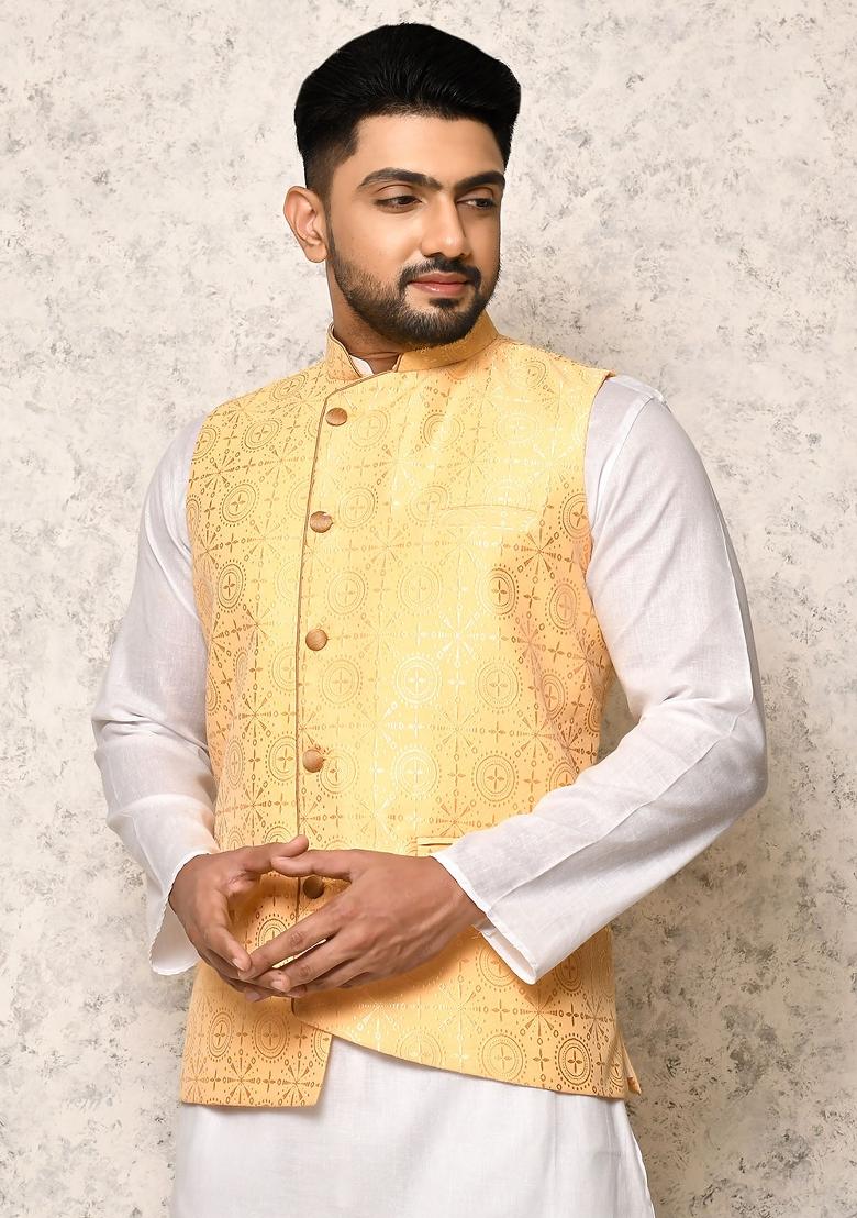 Cream Printed Silk Nehru Jacket For Men