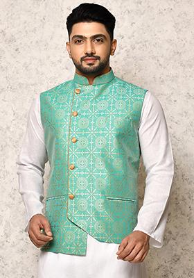 Firozi Printed Silk Nehru Jacket For Men