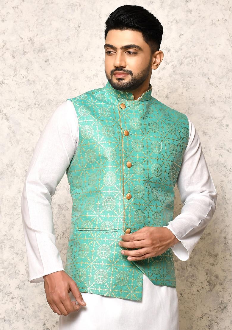 Firozi Printed Silk Nehru Jacket For Men