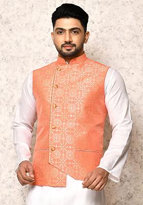 Pink Printed Silk Nehru Jacket For Men