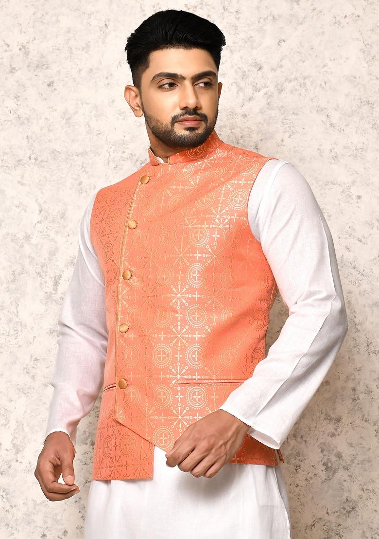 Pink Printed Silk Nehru Jacket For Men
