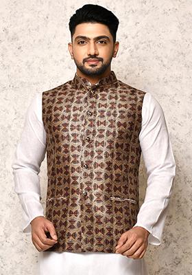 Multi Printed Silk Nehru Jacket For Men