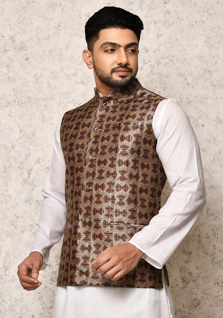 Multi Printed Silk Nehru Jacket For Men