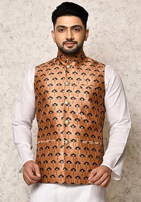 Multi Printed Silk Nehru Jacket For Men