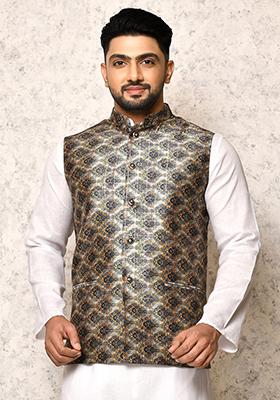 Multi Printed Silk Nehru Jacket For Men