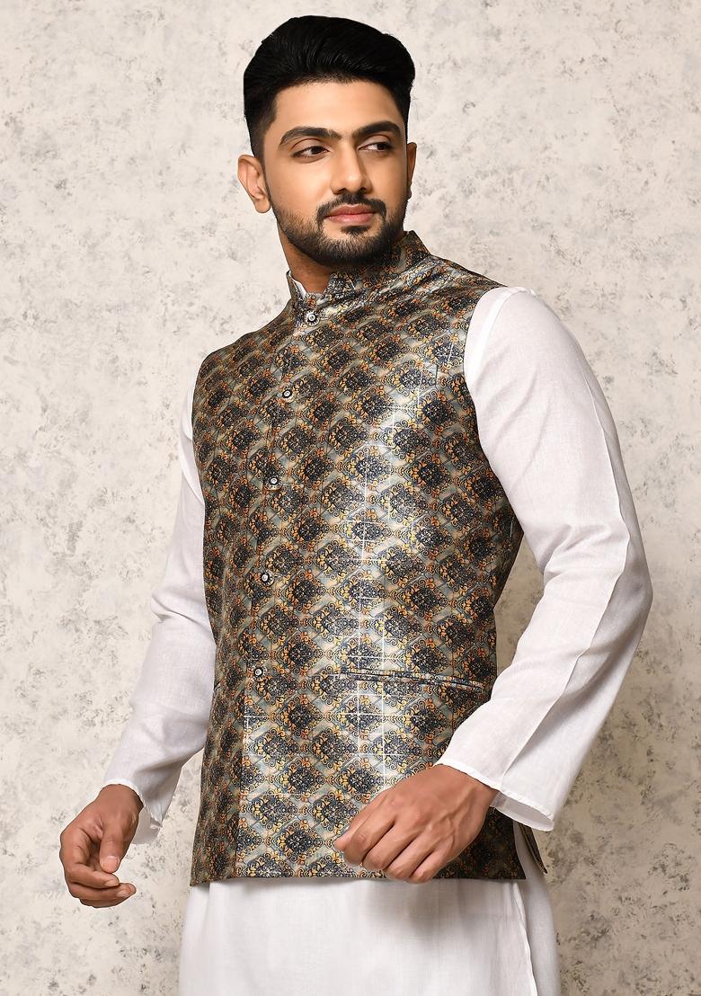 Multi Printed Silk Nehru Jacket For Men