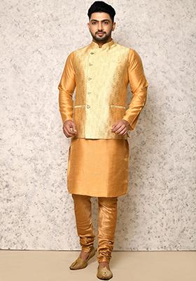Gold Woven Silk Bandhgala Set For Men