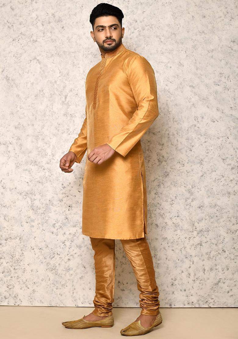 Gold Woven Silk Bandhgala Set For Men