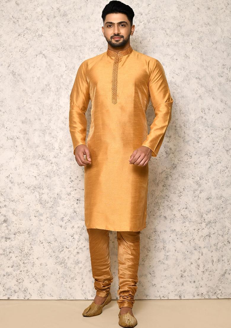 Gold Woven Silk Bandhgala Set For Men
