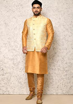 Gold Woven Silk Bandhgala Set For Men