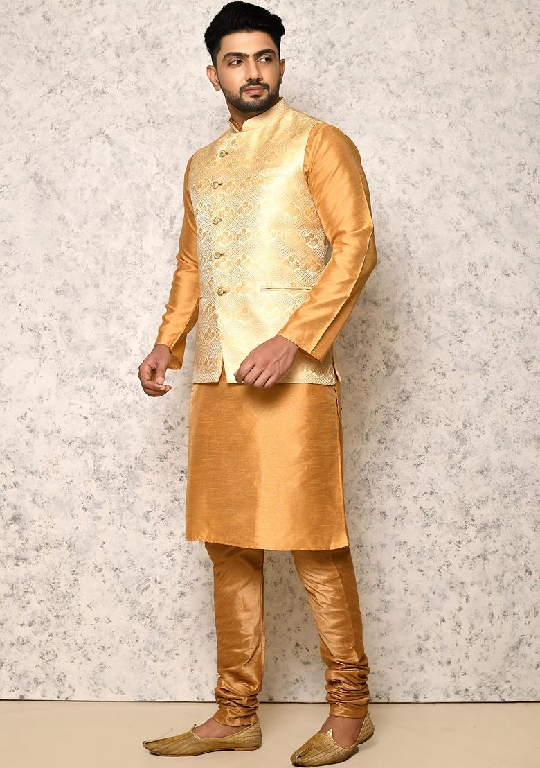 Gold Woven Silk Bandhgala Set For Men