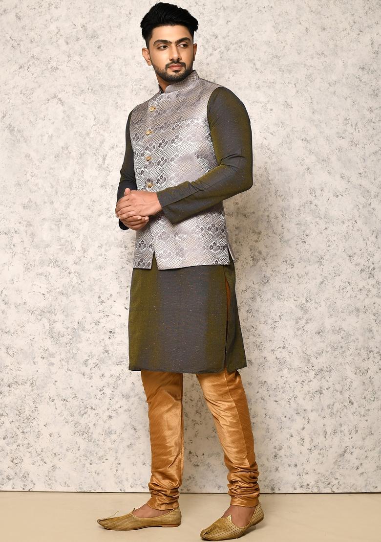 Grey Woven Silk Bandhgala Set For Men