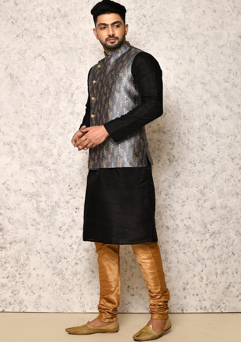 Grey Woven Silk Bandhgala Set For Men