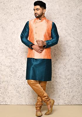 Rust Woven Silk Bandhgala Set For Men