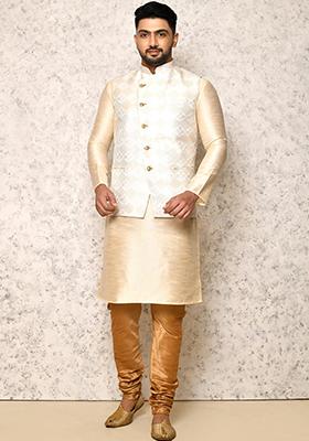 White Woven Silk Bandhgala Set For Men