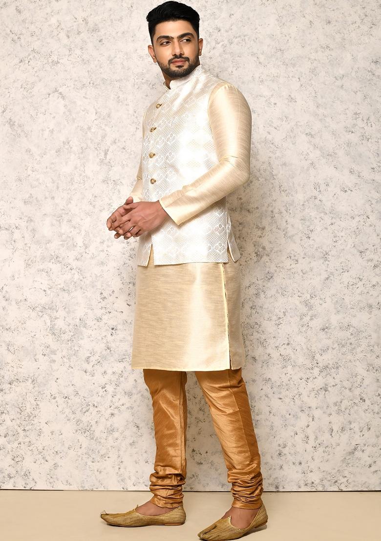 White Woven Silk Bandhgala Set For Men