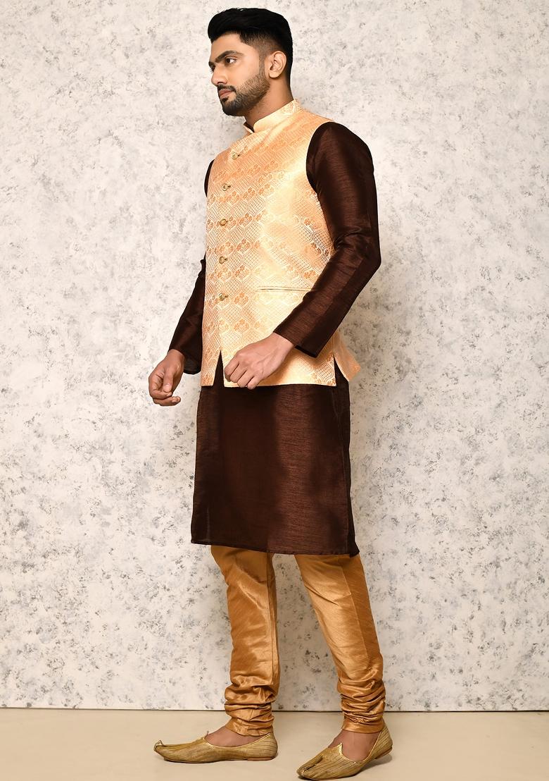 Rust Woven Silk Bandhgala Set For Men