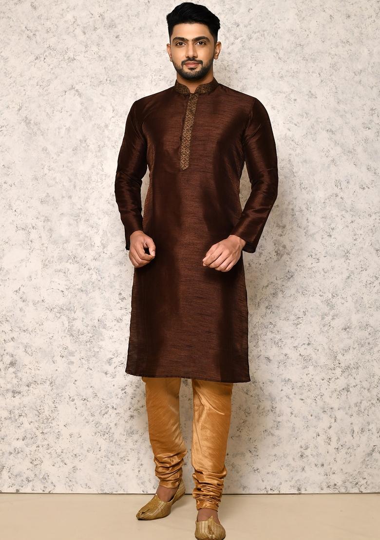 Rust Woven Silk Bandhgala Set For Men