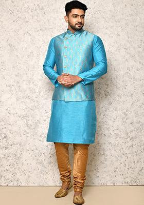 Firozi Woven Silk Bandhgala Set For Men