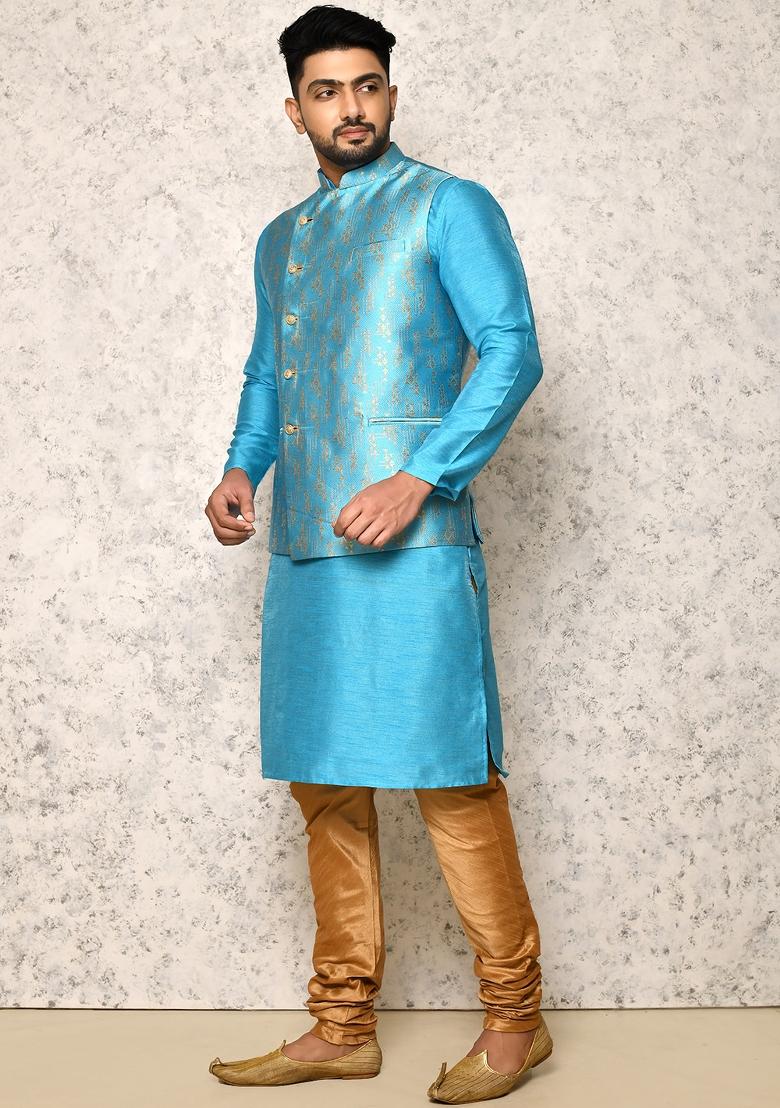 Firozi Woven Silk Bandhgala Set For Men