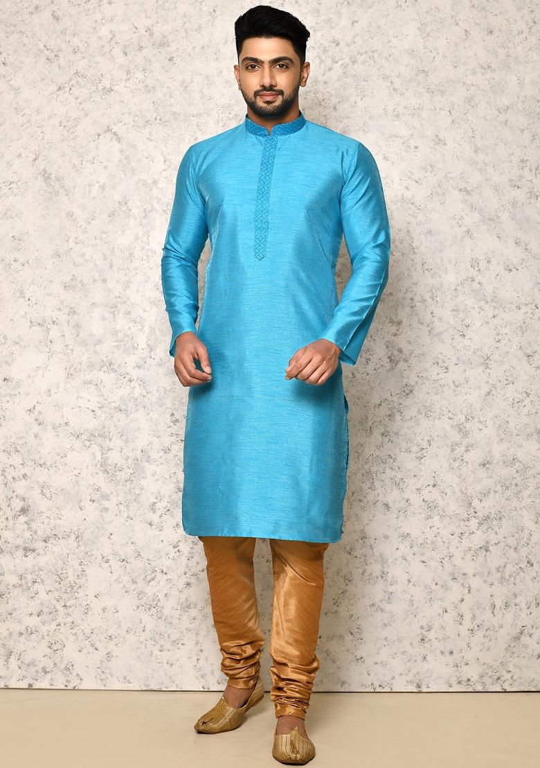 Firozi Woven Silk Bandhgala Set For Men