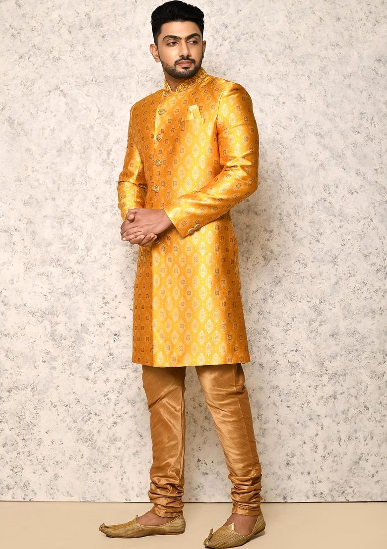 Yellow Embroidered Silk Indo Western Sherwani Set For Men