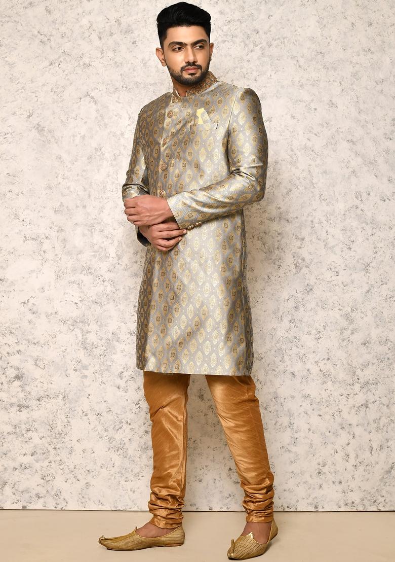 Grey Embroidered Silk Indo Western Sherwani Set For Men