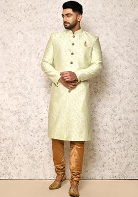 Pastel Embroidered Cotton Blend Indo Western Sherwani Set For Men