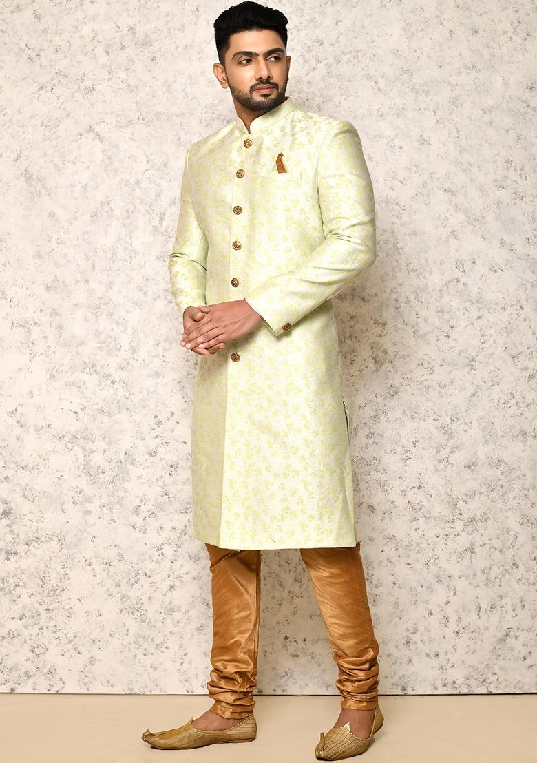 Pastel Embroidered Cotton Blend Indo Western Sherwani Set For Men