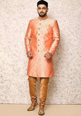 Pink Embroidered Silk Indo Western Sherwani Set For Men