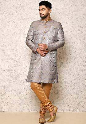 Grey Embroidered Silk Indo Western Sherwani Set For Men