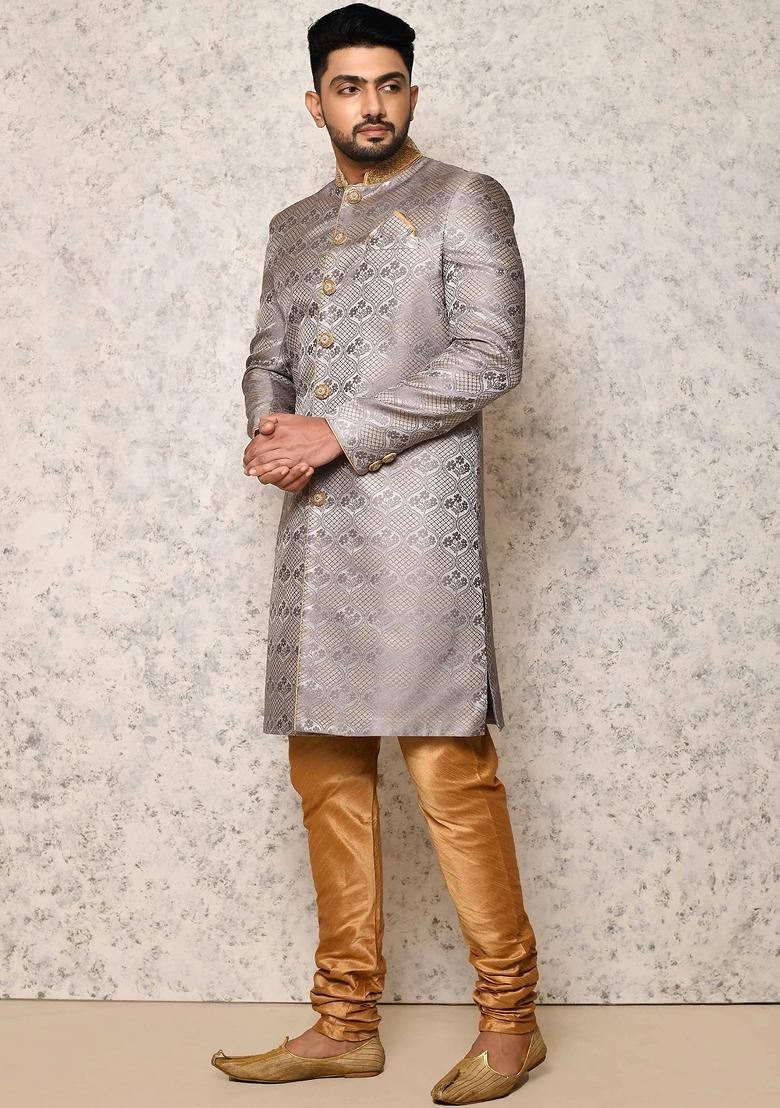 Grey Embroidered Silk Indo Western Sherwani Set For Men