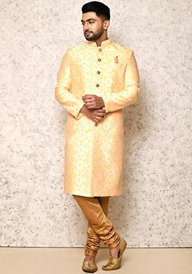 Yellow Embroidered Cotton Blend Indo Western Sherwani Set For Men